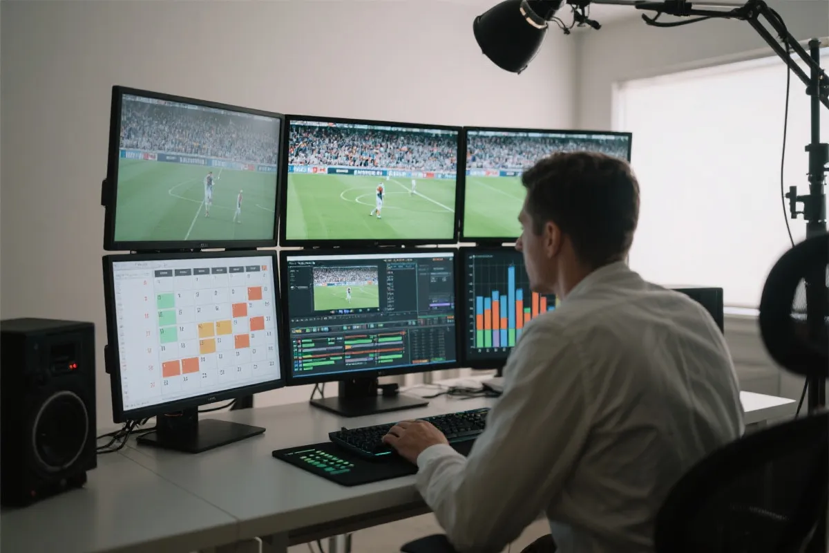 体育内容创作者在多屏幕前剪辑比赛瞬间，屏幕上是赛历与数据图表的视觉场景