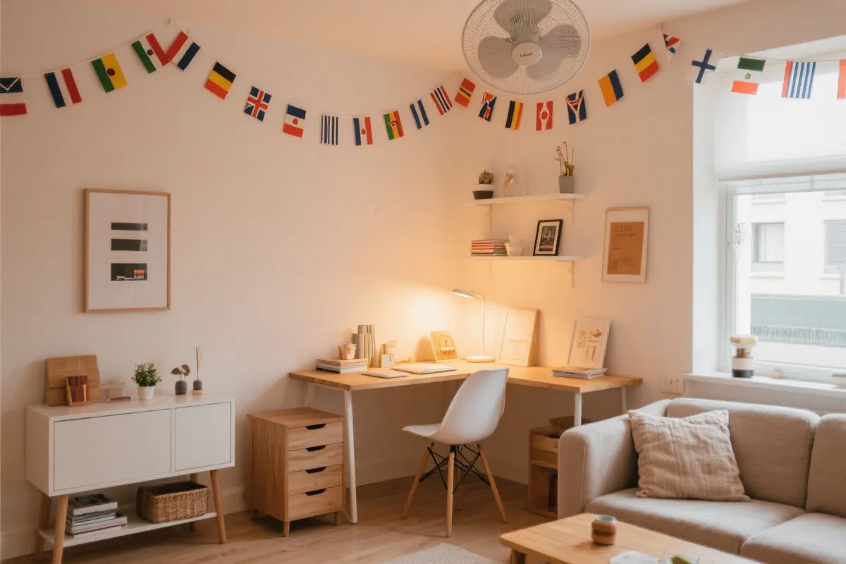 2026世界杯球迷角布置，球队国旗贴纸背景与主视觉搭配示意